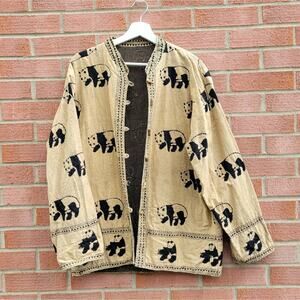 Vintage Orvis Women's Large Jacket Wood Toggle Buttons Patchwork Pandas Oriental